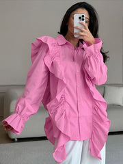 Ruffle Patchwork Turndown Collar Shirt