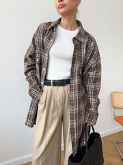 Vintage Double Pocket Plaid Striped Midi Shirt