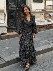 V-neck Puff Sleeve Polka Dot Long Sleeve Lotus Leaf Dress