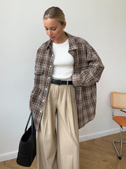Vintage Double Pocket Plaid Striped Midi Shirt