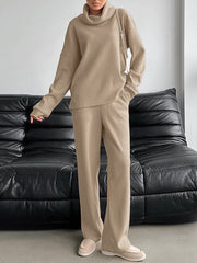 Turtleneck Solid Color Long Sleeve & Long Pants Casual Two-piece Set
