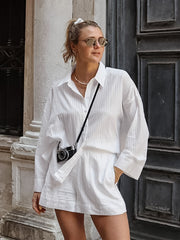 Long-Sleeve Plain Shirt + Elastic Waist Shorts