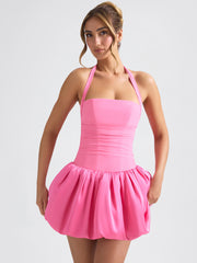 Halterneck Lace-Up Bubble Hem Mini Dress