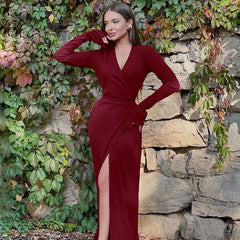 V-Neck Slim Fit Slit Trumpet Sleeve Dress