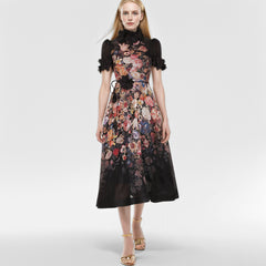 Floral Appliqued Mesh Midi Dress In Beige