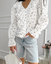 White Turn Down CollarFlare Sleeve Heart Printed Blouse