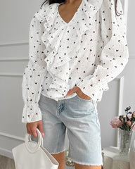 White Turn Down CollarFlare Sleeve Heart Printed Blouse
