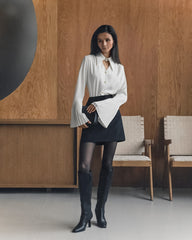 Turndown Collar Cutout Pleated Flare Sleeve Blouse