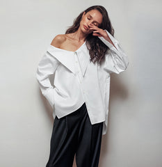 White Irregular Collar Type Off-The-Shoulder Shirt