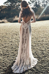 Open Back Sheath Boho Long Sleeve Wedding Gowns