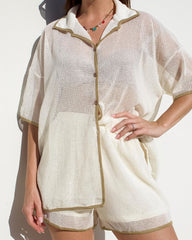 Contrast Trim Lapel Sheer Shorts Set