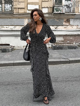 V-neck Puff Sleeve Polka Dot Long Sleeve Lotus Leaf Dress