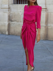 3/4-Sleeve Satin Asymmetrical Plain Dress