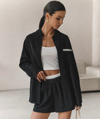 Vintage Collar Shirt & High Waist Shorts Set