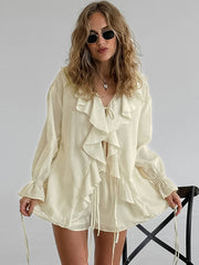 V-neck Loose Lotus Leaf Shirt Shorts Suit