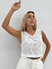 Hollow Lace Short V-Neck Sleeveless Top