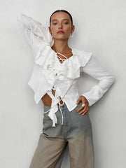 Ruffled Lace Up Blouse