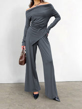 Grey Knitting Off Shoulder Long Sleeve Top High Waist Wide Leg Pants Casual Two Piece Set