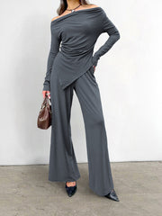 Grey Knitting Off Shoulder Long Sleeve Top High Waist Wide Leg Pants Casual Two Piece Set