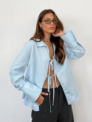 Lapel Long Sleeve Peplum Hem Blouse