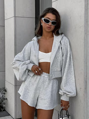 Solid Hoodie Crop Top Shorts SetSolid Hoodie Crop Top Shorts Set