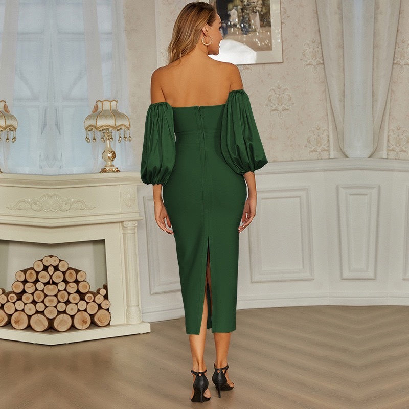 Strapless Puff Sleeves Midi Dress In Green