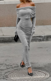 Chest Off-Shoulder Gathered Waist Bodycon Dress