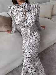 Polka Dots V Neck Stereo Flower Puff Sleeve Slim Dress