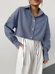 Long Sleeve Cropped Tie Striped Shirt