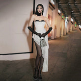 Asymmetric Ruffled Mesh Spandex Midi Dress