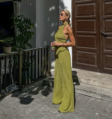 Street Daily Backless Ruched Halter Sleeveless Two Pieces