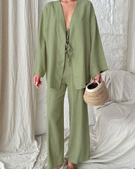 Tie-front Long Sleeve Shirt Suits