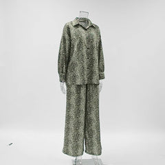 Leopard Print Loose Long Sleeve Trousers Suit