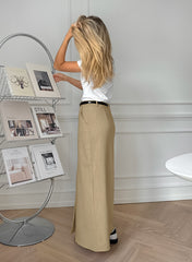Khaki Cotton and Linen Split Midi Skirt