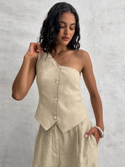 One Shoulder Sleeveless Button Down Tops and Wide Leg Pants Suit