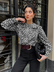 Long Sleeve Leopard Slim Fit Peplum Blouse