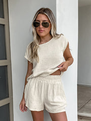 Cotton Linen Cap Sleeve Shorts Two Piece Set