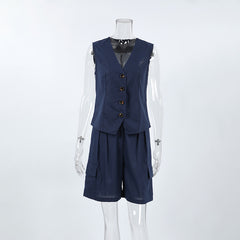 Solid V-neck Vest And Shorts Set