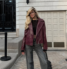 PU Leather Zip-Up Long Sleeve Jacket