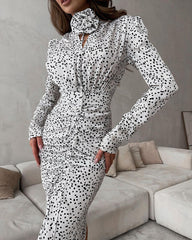 Polka Dots V Neck Stereo Flower Puff Sleeve Slim Dress