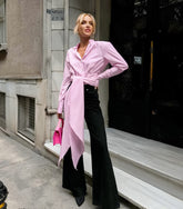 Striped Patchwork Tie-Lapel Long-Sleeved Shirt