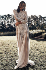 Open Back Sheath Boho Long Sleeve Wedding Gowns