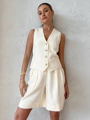 Cotton and Linen Sleeveless Vest Two Piece Suit