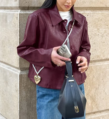 Leather Look Cropped Boxy Fit Long Sleeve Coat