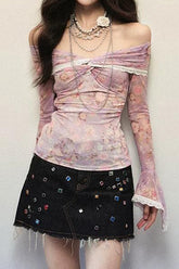 Off-Shoulder Floral Print Ruffled Lace Long-Sleeved Top