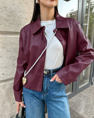 Leather Look Cropped Boxy Fit Long Sleeve Coat