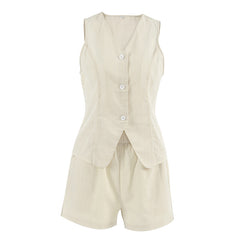 Khaki Cotton Linen V-neck Sleeveless Waistcoat Vest Shorts Set