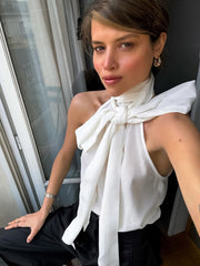 Sleeveless High Collar Halter Neck Lace-Up Chiffon Top