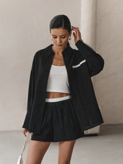 Vintage Collar Shirt & High Waist Shorts Set