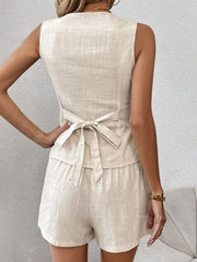 Khaki Cotton Linen V-neck Sleeveless Waistcoat Vest Shorts Set